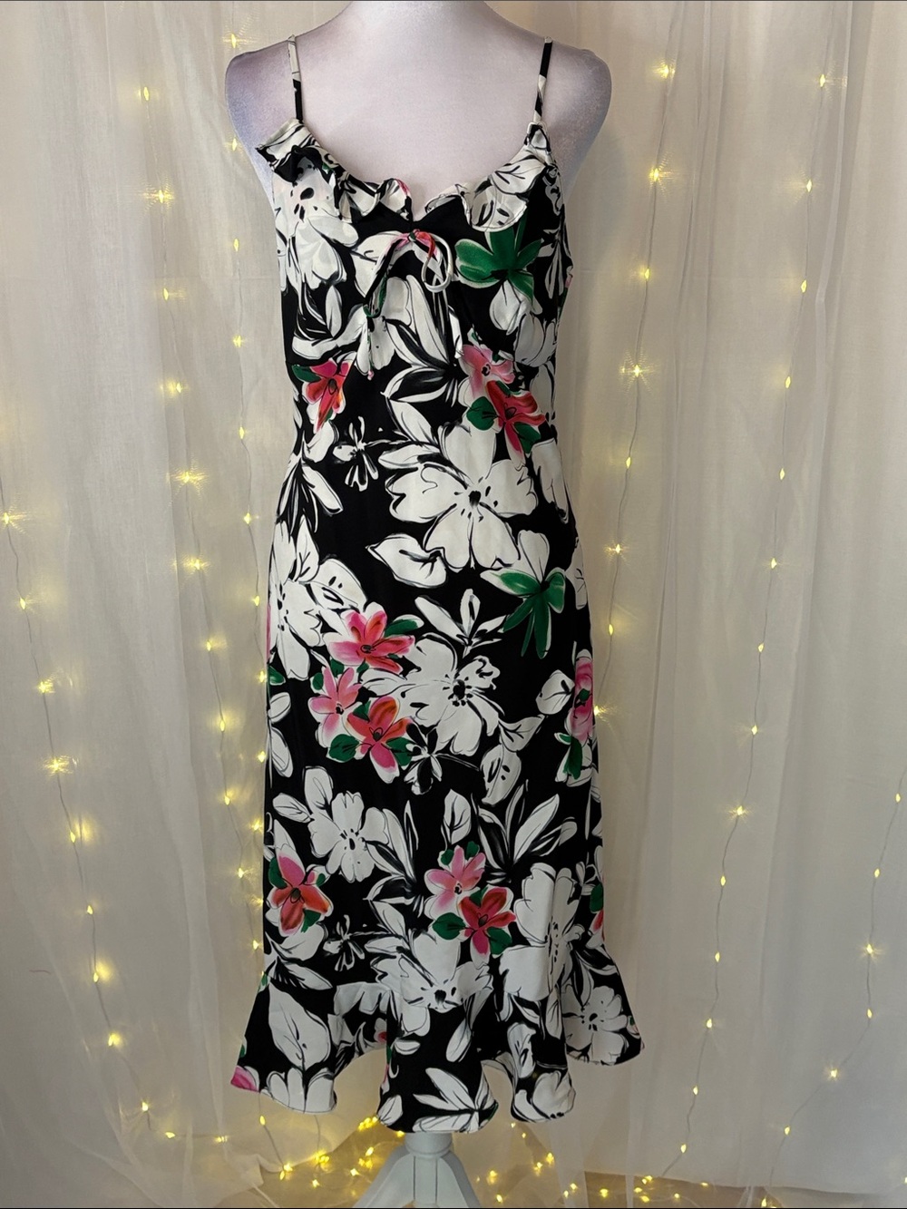 Mlle Gabrielle Black Midi Slip Dress with Pink & Green Floral Print